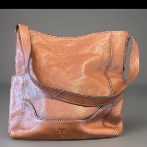 Frye Leather Side Pocket Hobo Tote Bag Cognac Brown Shoulder DB323